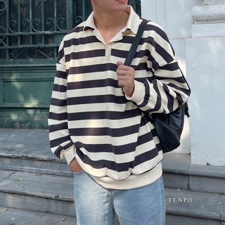 Áo polo nỉ dài tay kẻ sọc unisex