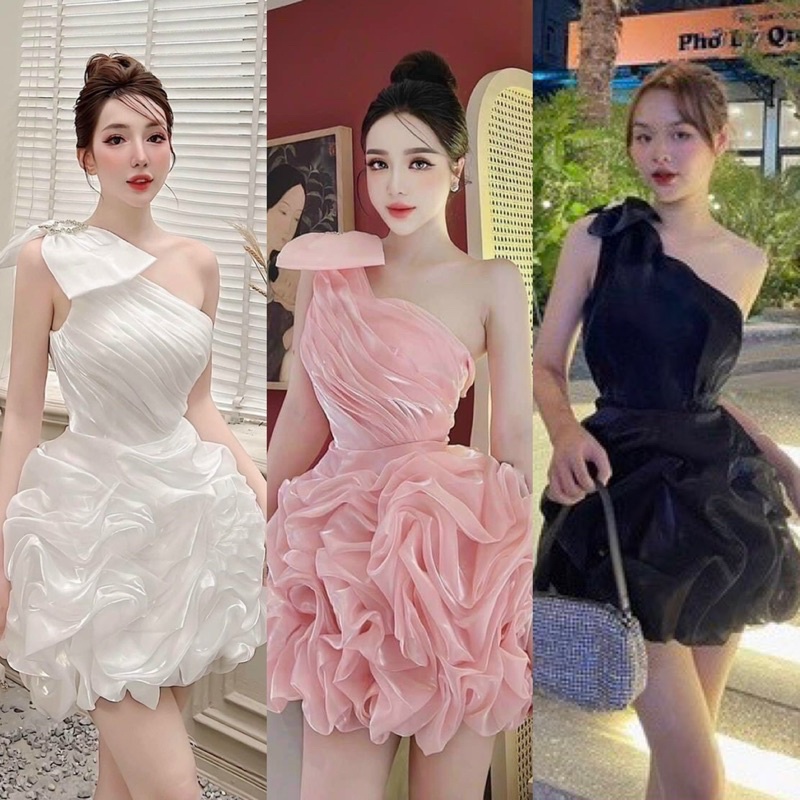 Đầm tơ nhũ đỏ đen trắng hồng lệch chéo vai nơ, váy ngắn bồng bềnh tiểu thư công chúa sang trọng quý phái đi dự tiệc cưới