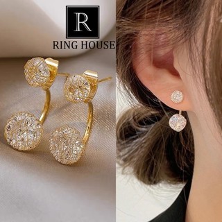 (Chuôi Bạc 925) E121 Khuyên Tai Bông Tai Nữ Hai Viên Ngọc Đẹp Ring House