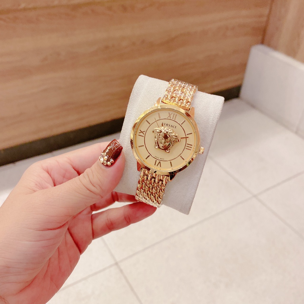 Đồng hồ đeo tay thời trang nữ VERSACE dây kim loại thép không gỉ mạ vàng mặt tròn đính đá cao cấp chống nước chống xước