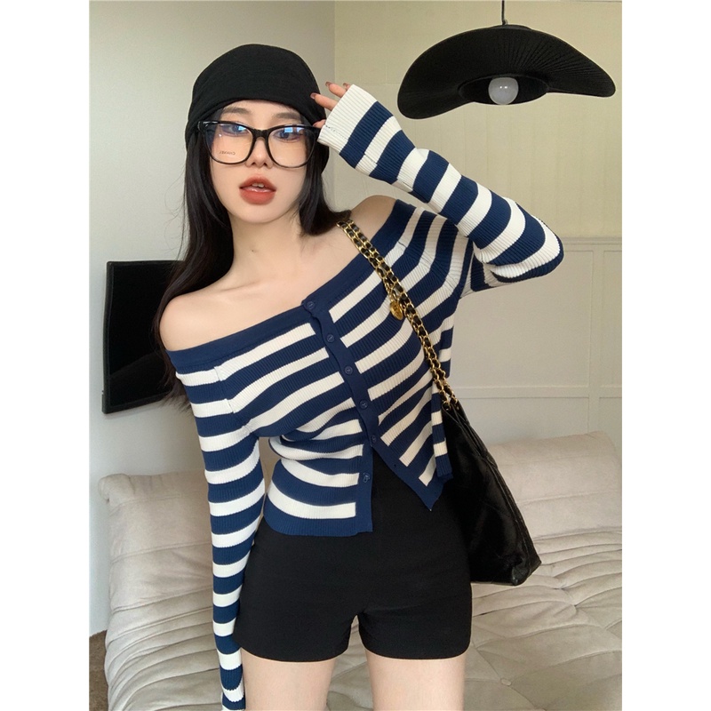 Cocory vn Áo Len Cardigan Tay Dài Trễ Vai Dáng Ôm Họa Tiết Kẻ Sọc Thời Trang Hàn Quốc Quyến Rũ Cho Nữ