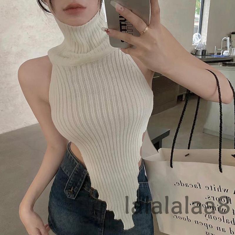 Áo Dệt Kim Sát Nách Cổ Cao Hở Lưng Màu Trơn Thời Trang Mùa Hè Cho Nữ LAA8