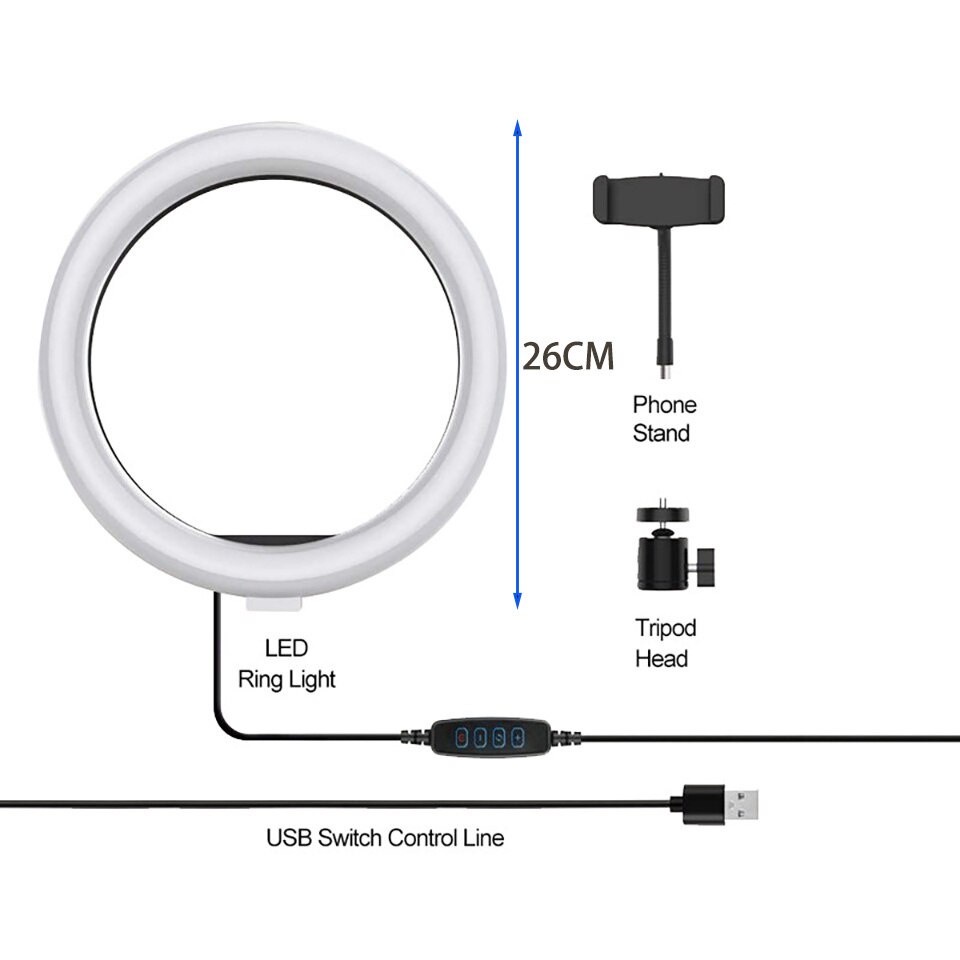 Combo đèn 26cm chân 2 mét kèm tay ngang treo điện thoại chụp ảnh sản phẩm ,review , chụp đồ ăn, unbox tiktok bán hàng on