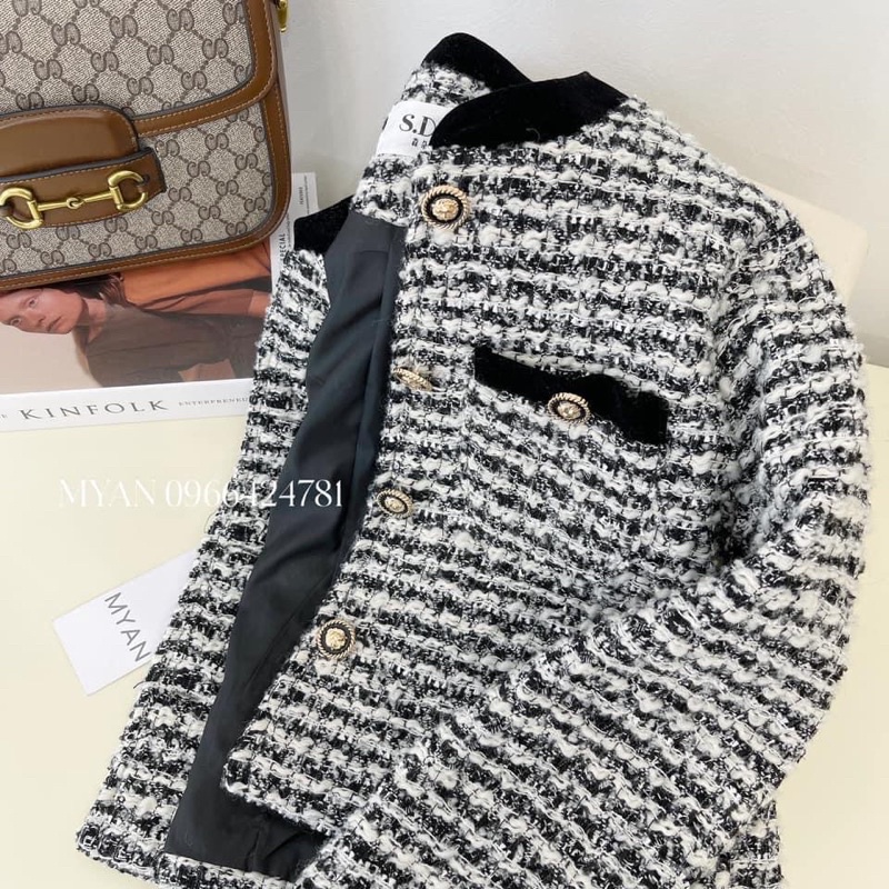 Áo khoác dạ tweed xám viền đen hàng QC