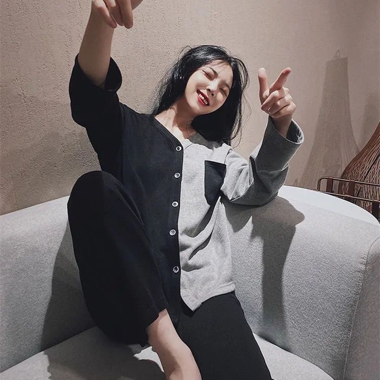 Bộ Đồ Ngủ Hai Mảnh Áo cardigan Tay Dài Đơn Giản Phong Cách Nhật Bản Và Hàn Quốc Thời Trang Xuân Thu Mới Dành Cho Bạn Nữ / Ký Túc Xá / Sinh Viên /