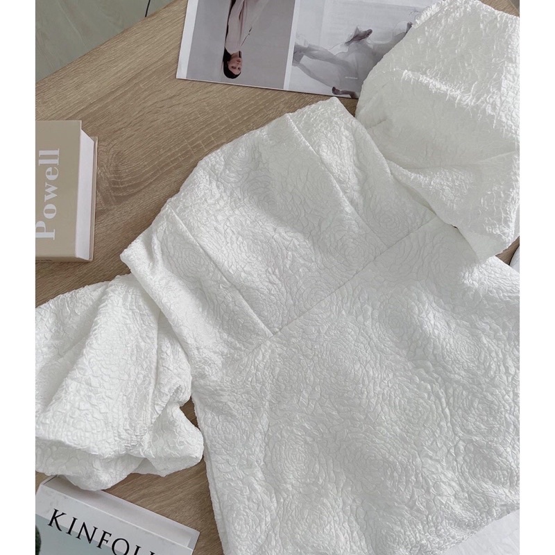 Váy Công Chúa Trễ Vai Tay Bồng - Đầm Gấm Hoa Nổi Tay Bồng Trễ Vai Tiểu Thư Sang Chảnh Dư Tiệc Sẵn Mút Ngực Na Bé Fashion