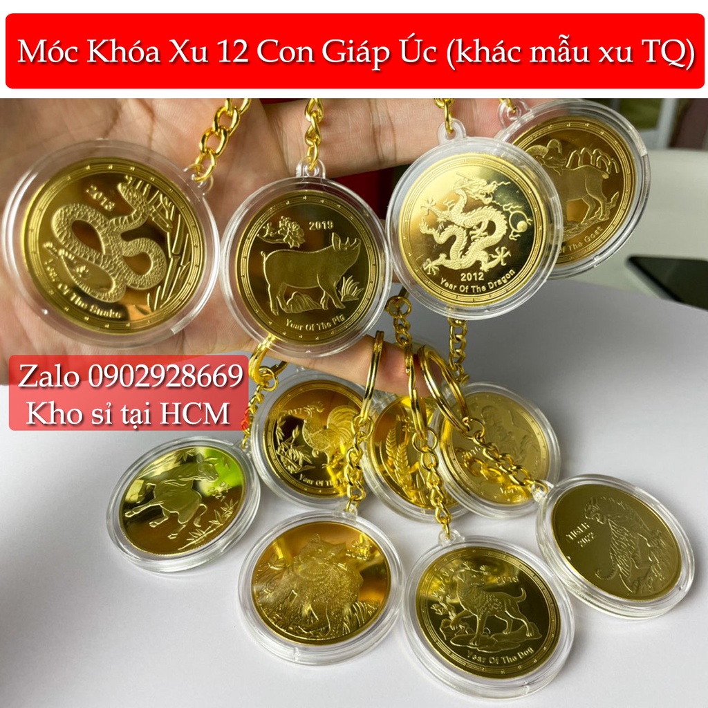 (Xu Australia) Móc Khóa Đồng Xu ÚC 12 Con Giáp Mạ Vàng Phong Thủy May Mắn