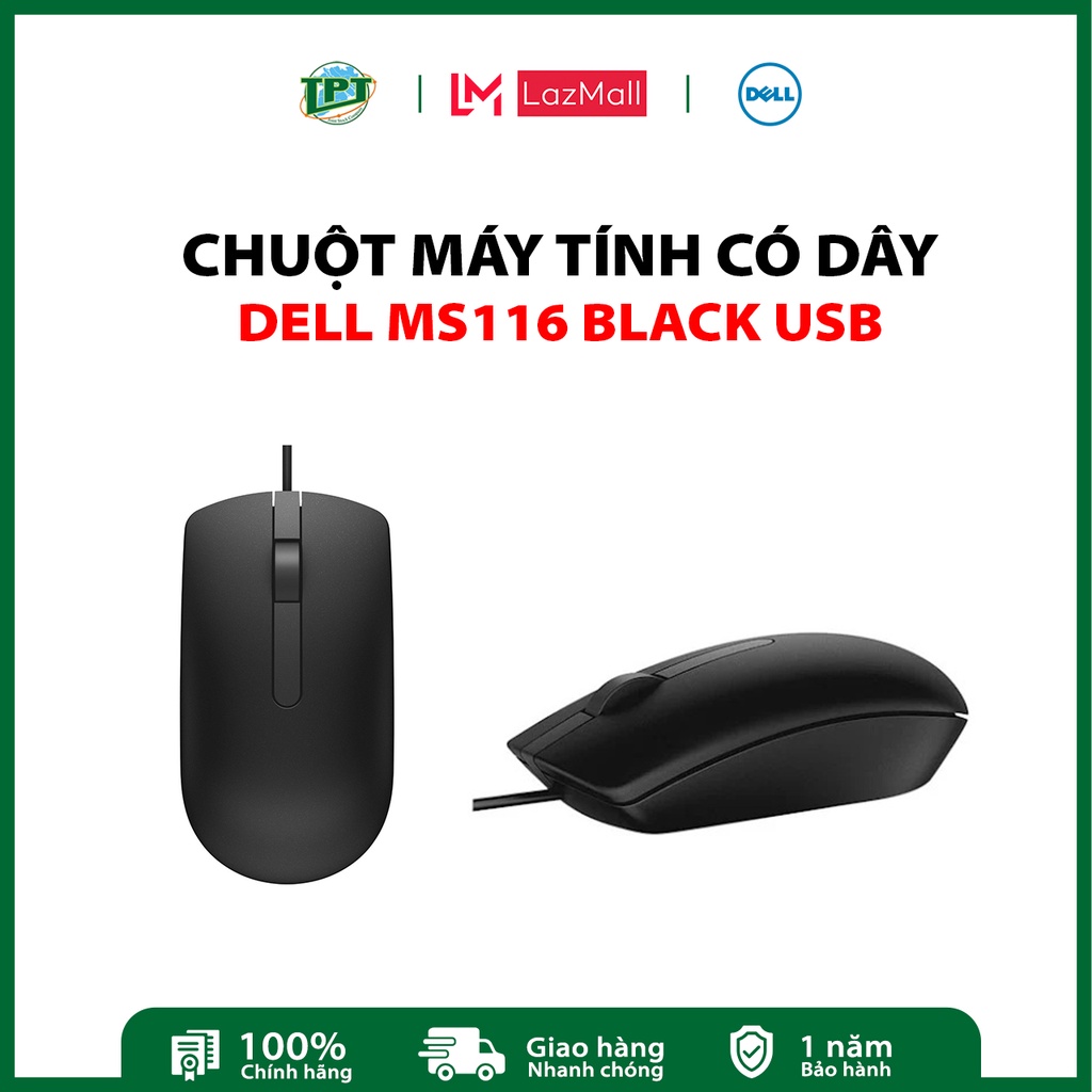 Chuột máy tính Dell MS116 Black USB - Hàng chính hãng