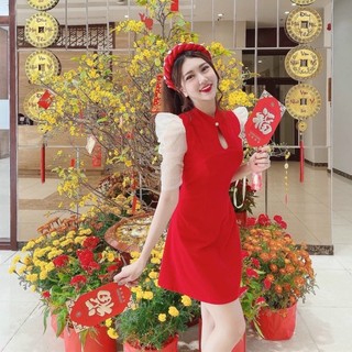 Đầm body cổ tàu phối tay voan phồng dịu dàng nữ tính