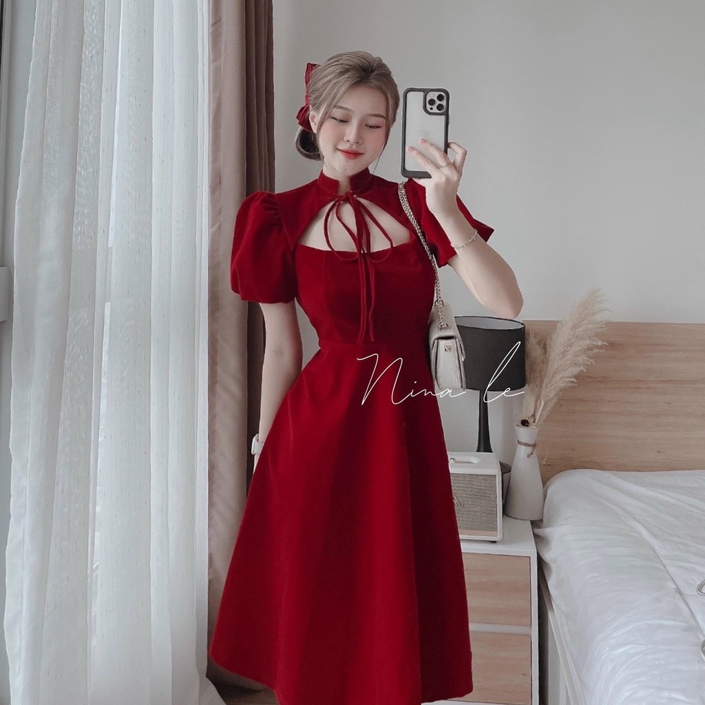 Đầm nữ thời trang mặc đi chơi chất nhung cứng cổ tròn thắt dây nơ khoét ngực tay ngắn có mút váy xoè dễ thương