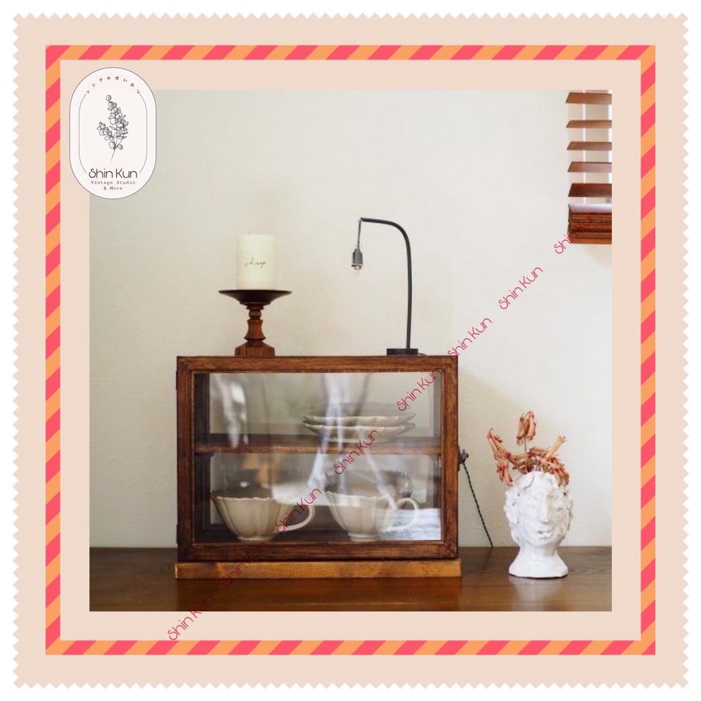 Tủ Gỗ Để Bàn Chữ Nhật Kính 2 Mặt Retro Đựng Bánh Decor TIệm Cà Phê SS42