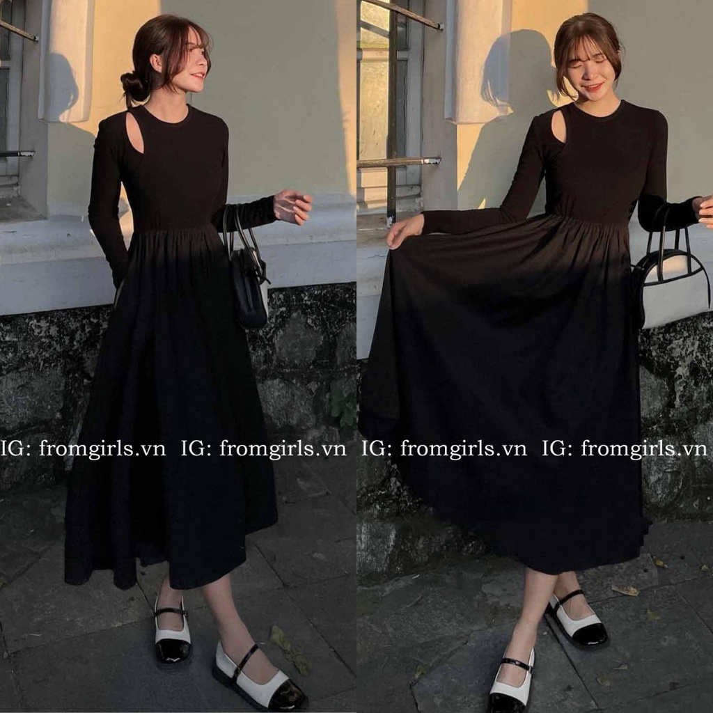 Đầm cut out maxi dáng xòe, váy cut out cotton len kaki - V98