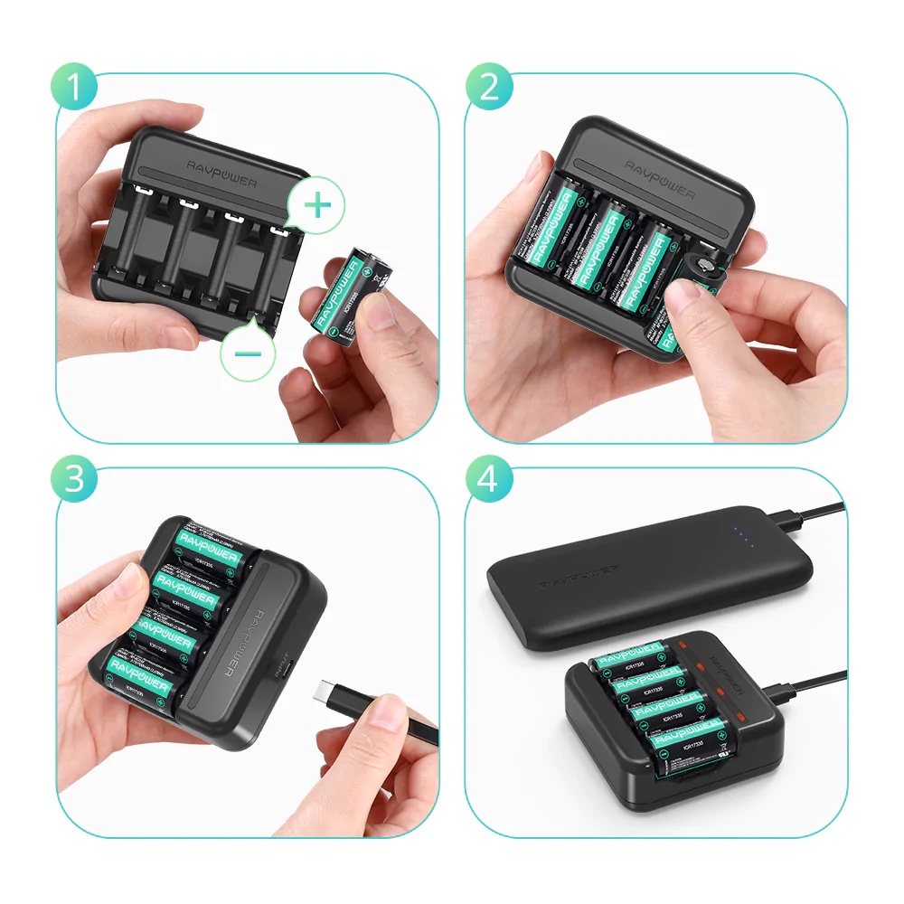 Pin Máy Ảnh RCR123A Ravpower RP-BC038 - Bộ 8 Pin + Sạc