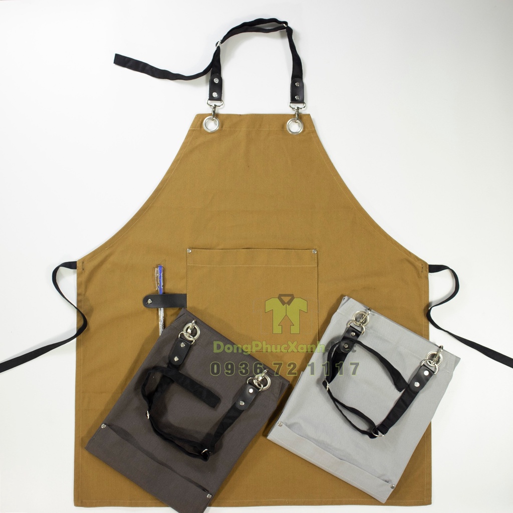 Tạp dề vải kaki phối da có khóa gài tiện lợi