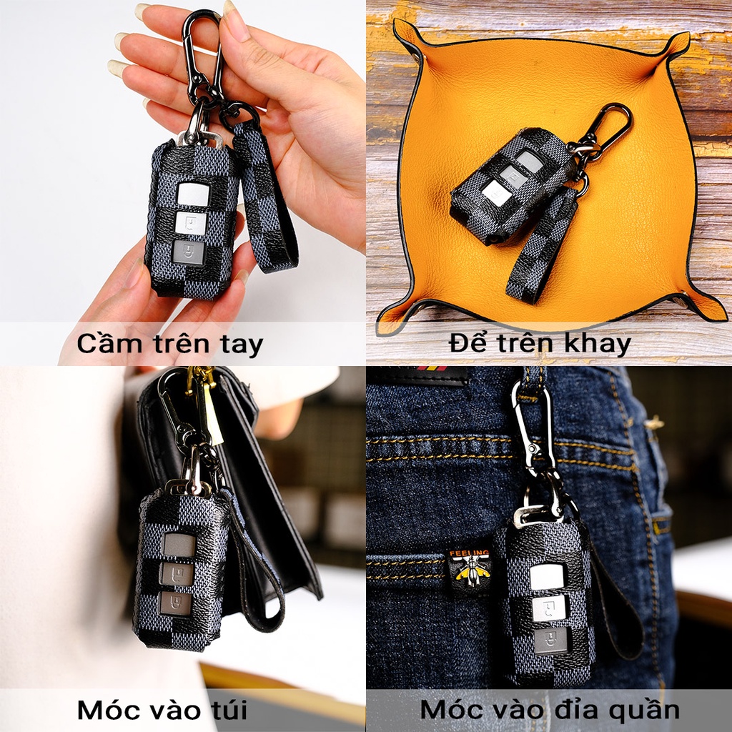 Bao da bọc chìa khóa smartkey ô tô Mitsubishi Xpander Triton Athlete Outlander Pajero Attrage 2022 khâu tay móc đen MI