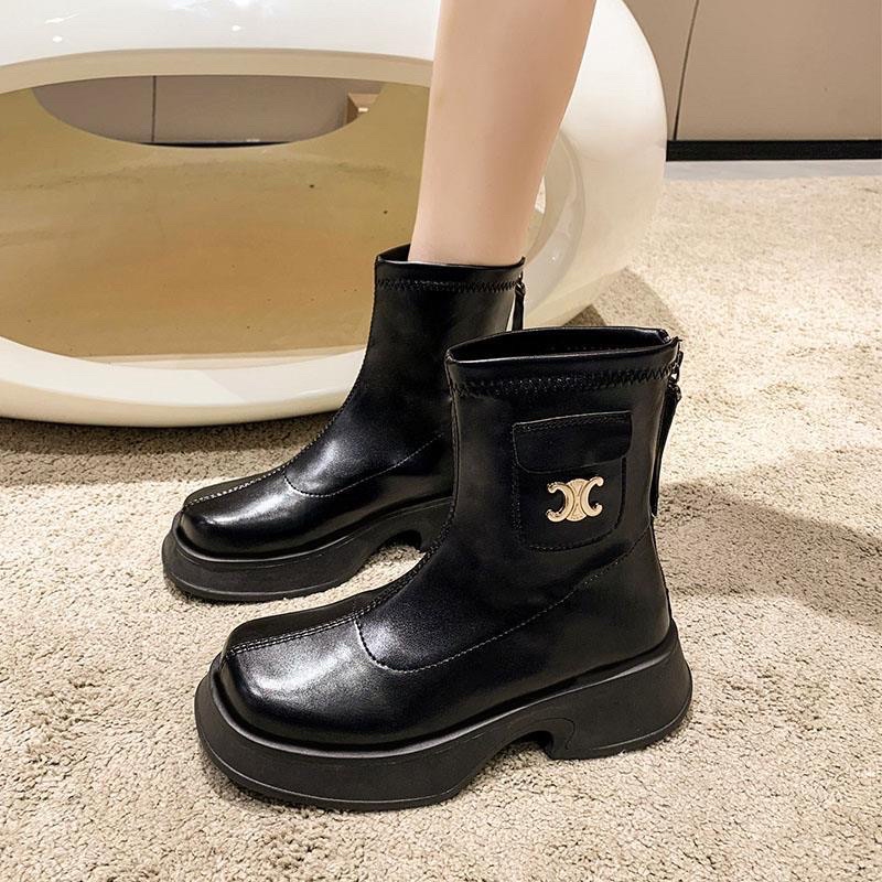 Bốt đùi đế răng cưa nữ giày Boots da mềm khóa sau cao cấp boot mũi tròn boost  thời trang đế độn 2022