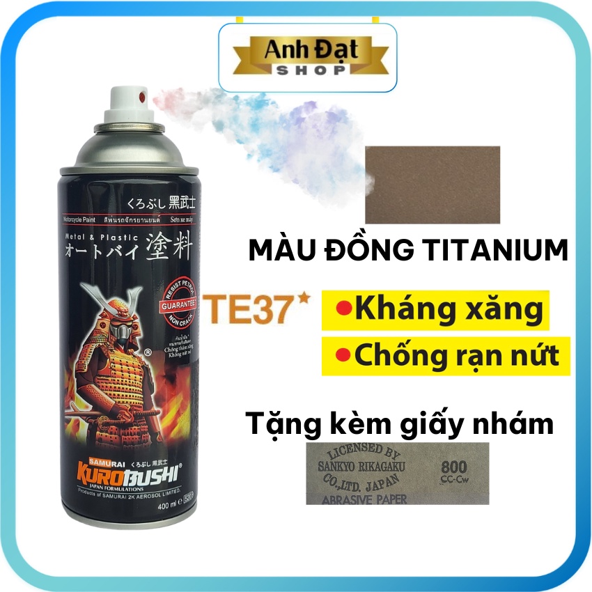 Sơn xịt samurai màu đồng Titanium TE37*, dung tích 400ml, có khả năng kháng xăng (A92, A95), chống rạn nứt, bình xịt