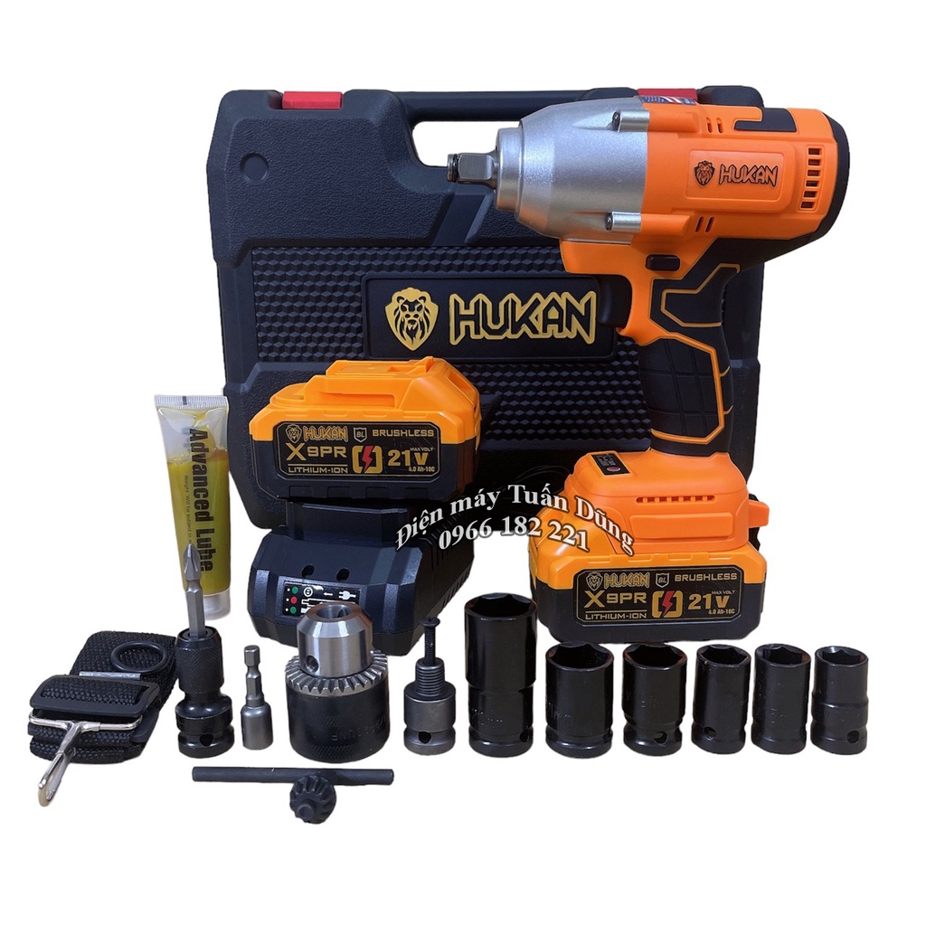 Máy siết bulong pin Hukan X9 Pro Động cơ Không Chổi Than Lực siết khủng 650Nm Tặng Bộ đầu chuyển đổi 13S+6 khẩu