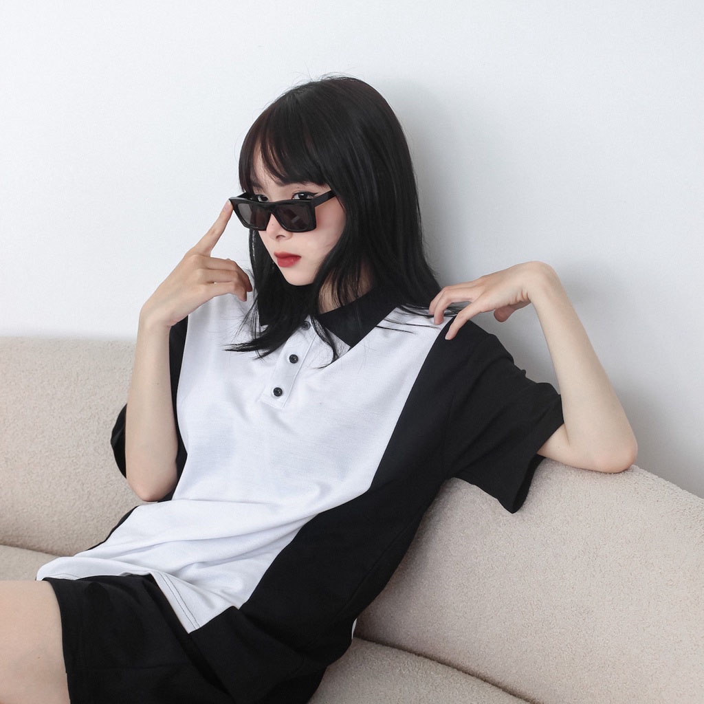 Áo Polo Phối Trắng Tay Lỡ Chất Cotton Thoáng Mát,Áo Thun Trơn Cổ Bẻ Form Rộng Phong Cách Hàn Quốc