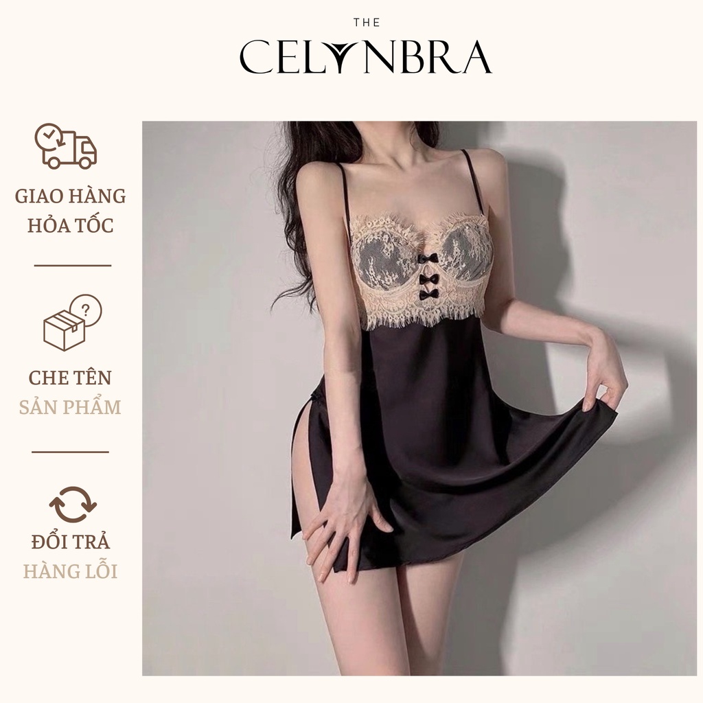 Váy ngủ lụa phối ren ngực xẻ vạt sexy THE CELYNBRA - V65