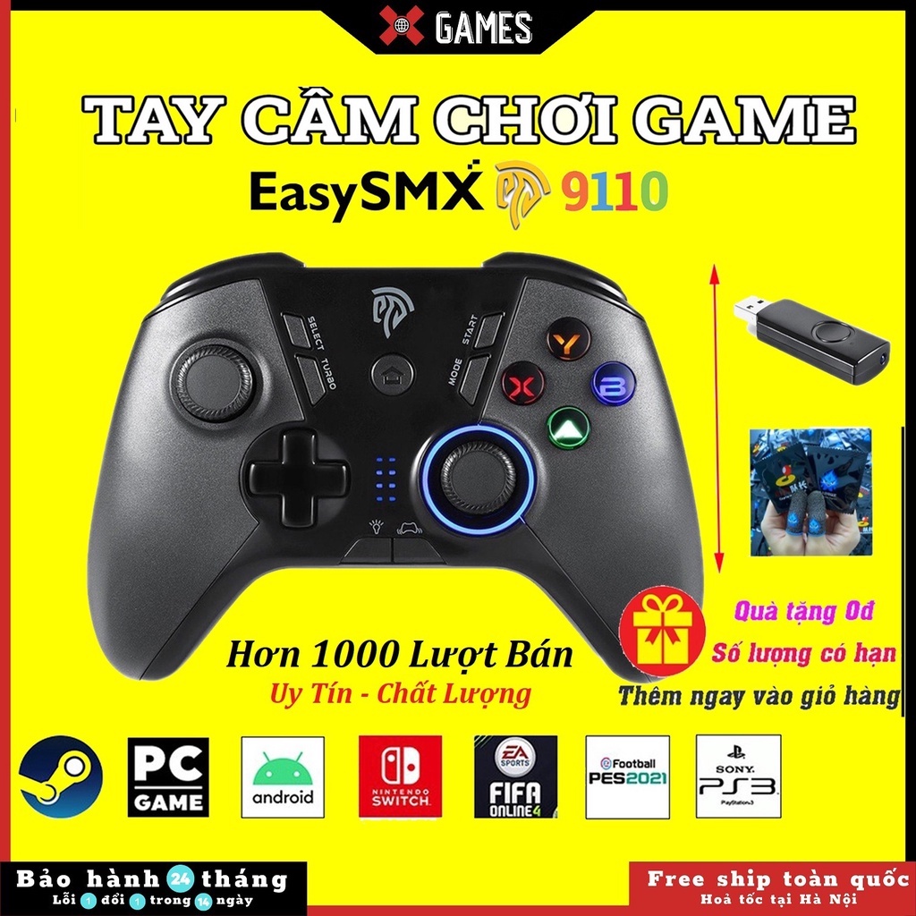 Tay Cầm Chơi Game EasySMX 9110 Wireless Game Controller USB 2.4G có đèn LED và rung kép full skill chơi Fifa Online 4