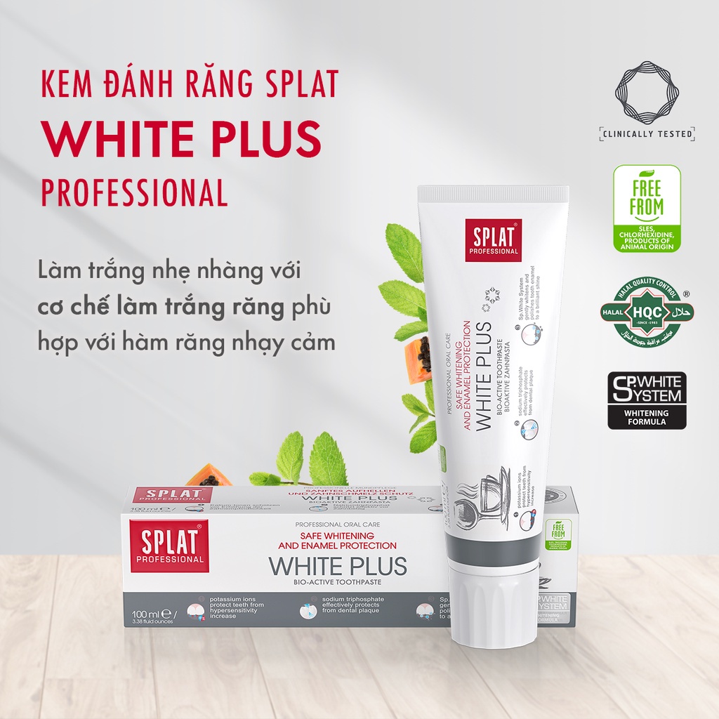 Kem đánh răng trắng răng thơm miệng SPLAT White Plus loại bỏ vết ố vàng từ cafe, trà làm sáng răng, giảm ê buốt 100ml