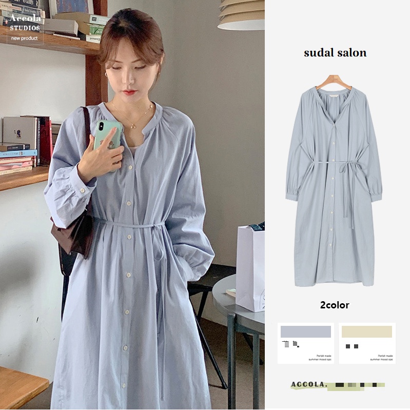 (ORDER) Váy sơ mi MORAN màu xanh nhạt nhẹ nhàng cổ tàu, thắt eo xòe dài style Hàn Quốc
