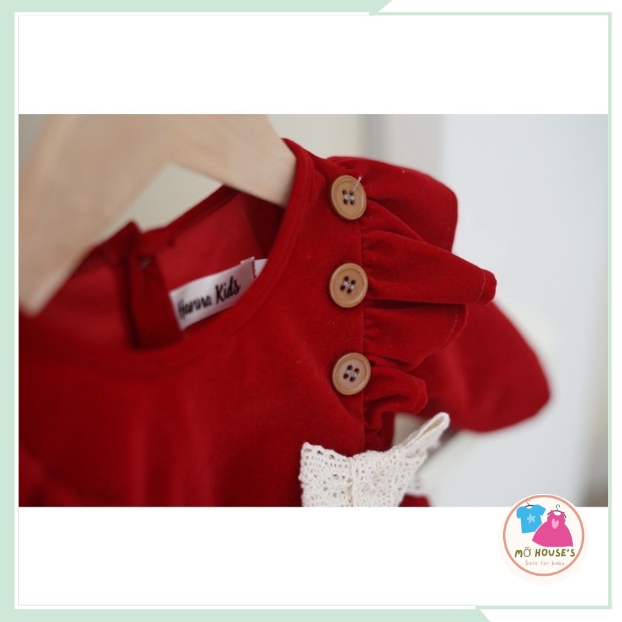 Váy thiết kế tay bồng, váy nhung đỏ đính nơ xinh xắn cho bé gái đi học, đi chơi từ 8kg đến 24kg VBG10