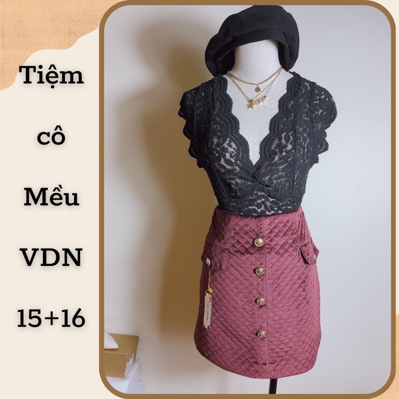 Chân váy dạ nhung đỏ mận, khuy vàng vintage-15,16