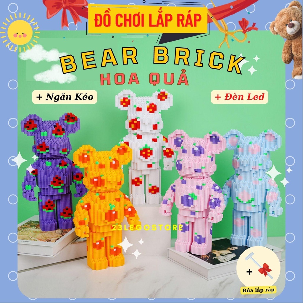 Bộ đồ chơi xếp hình gấu BearBrick Hoa Quả cỡ lớn 33cm có ngăn kéo (5 màu), tặng kèm búa lắp ráp