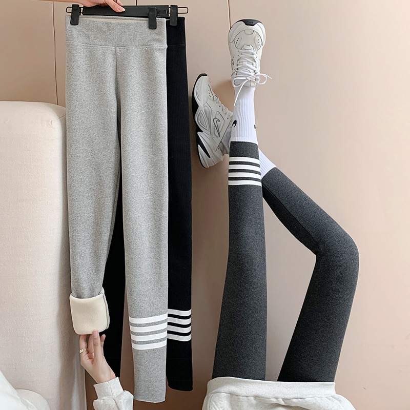 Quần Legging Cotton Dày Co Giãn Họa Tiết Kẻ Sọc Dọc Thời Trang Mùa Thu Cho Nữ