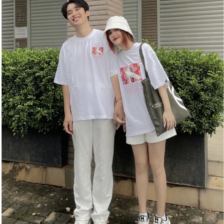 Áo phông cặp đôi dành cho nam nữ SMALL THINGS  áo thun đôi tay lỡ cổ tròn màu trắng in hình hoa Navie