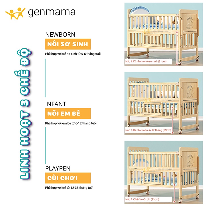 Nôi Cũi Cho Bé Trọn Bộ , Giường nôi cho trẻ em đa năng 6 chế độ GENMAMA Gỗ Thông