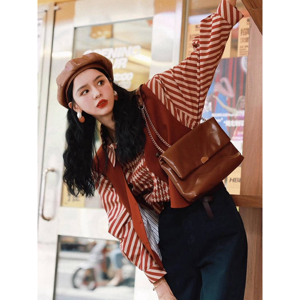 One Áo Sơ Mi Dài Tay Họa Tiết Kẻ Sọc Phong Cách Retro Hong Kong Cho Nữ