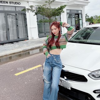 Áo Len kẻ xanh dáng croptop