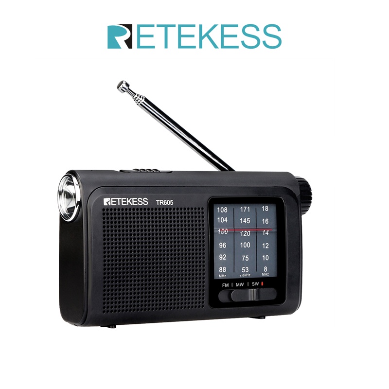 Retekess TR605 Pin Sạc Tích Hợp Đài FM SW Có Đèn Led Và Jack Cắm Tai Nghe (Màu Đen)