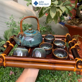 Bộ Ấm Trà ⚱ Gốm Sứ Bát Tràng ⚱ Bộ Ấm Chén Uống Trà Đồng Quai Mây Men Hoả Biến Gomphuquy Th05