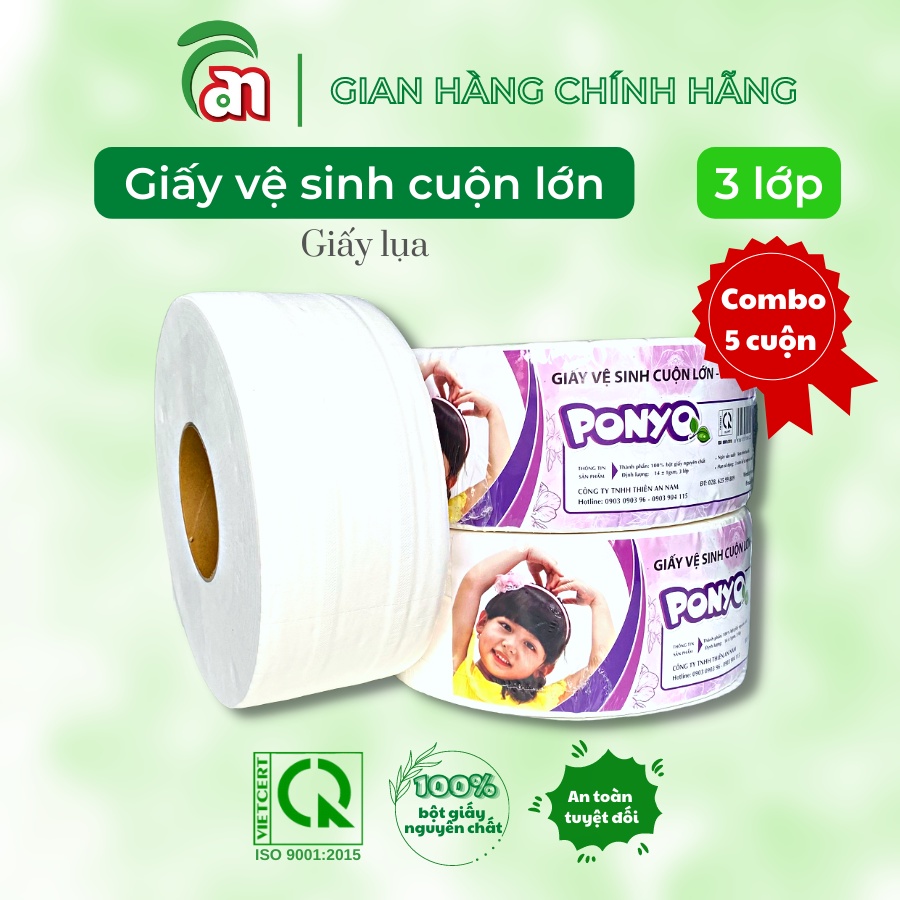 Combo 5 cuộn Giấy vệ sinh cuộn lớn chất lượng cao, siêu dày, tan nhanh PONYO JB700 3 lớp 700g - Thiên An Nam paper