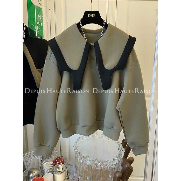 Bán Hạ Giá ~ Quầy Bar Retreat Áo Sweatshirt Dáng Rộng Cổ Bướm Màu Sắc Tương Phản Phong Cách Pháp Giản Dị Dành