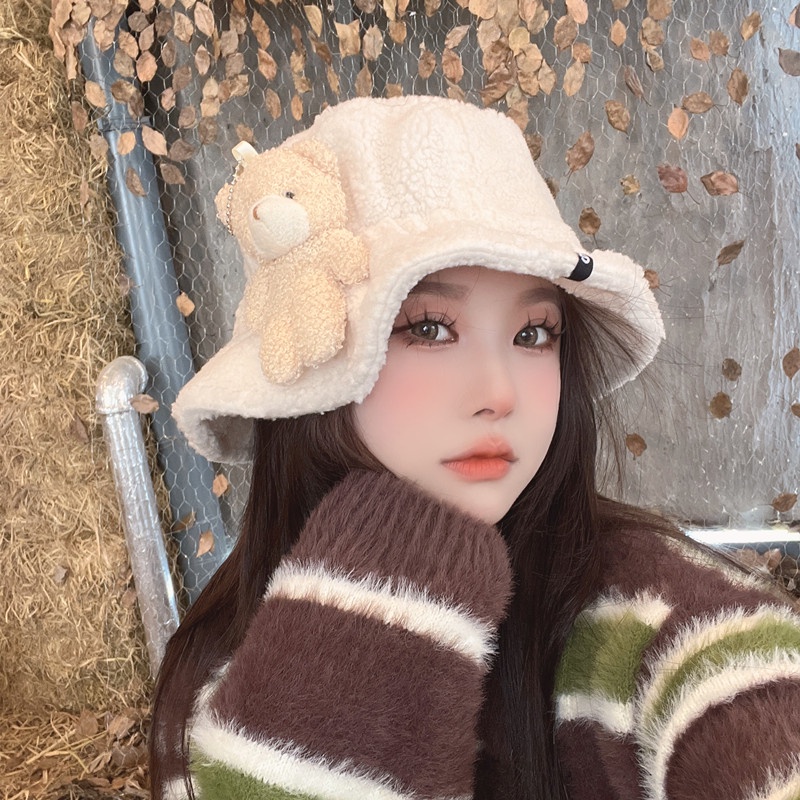 Mũ Bucket Lông Nhung Hình Gấu Dễ Thương Xinh Xắn Phong Cách Thời Trang Mùa Đông Hàn Quốc Cho Nữ
