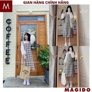Set yếm váy kẻ áo trắng tay phồng cho các nàng phong cách tiểu thư nữ tính dịu dàng, Đầm caro 2 màu đen nâu - MAGIDO