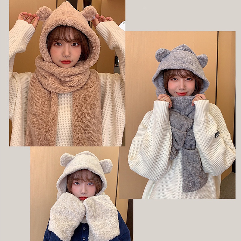 Ygt Mũ Beanie Màu Trơn Đính Tai Gấu Bông Dễ Thương Thời Trang Mùa Đông Cho Nữ