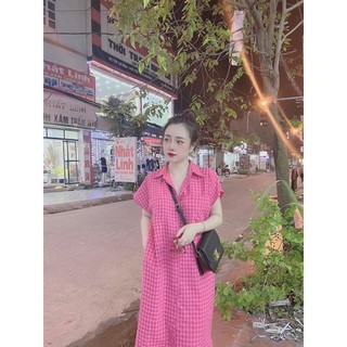 Váy sơ mi kẻ hồng dáng dài