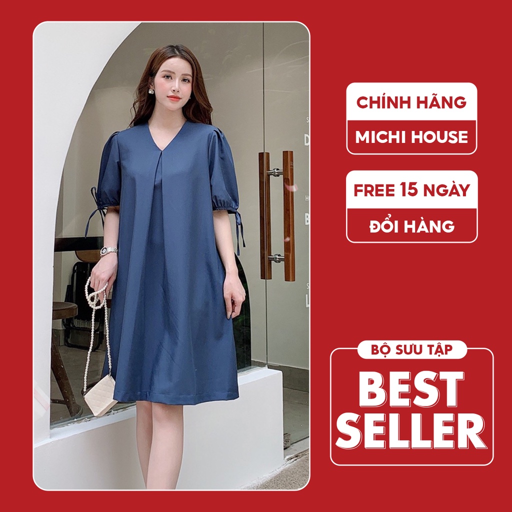 Đầm Dự Tiệc Dáng Suông Michi House Váy Xuông Cổ V Sang Trọng Tay Bồng Bigsize 75kg Che Khuyết Điểm Tốt V480 Xanh Nhạt