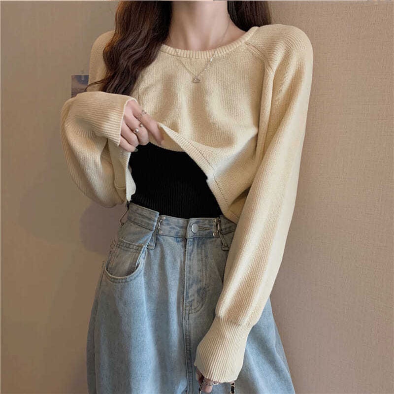 Aphrod Áo Sweater Dệt Kim Tay Dài Cổ Thuyền Dáng Rộng Đa Năng Màu Đen Cho Nữ