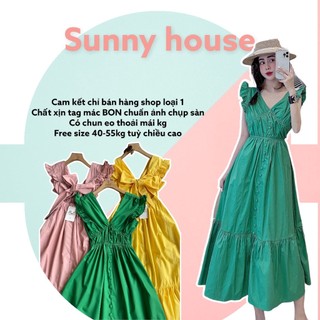 Đầm maxi tay cánh tiên nơ lưng nút bọc hàng chuẩn shop tag bon
