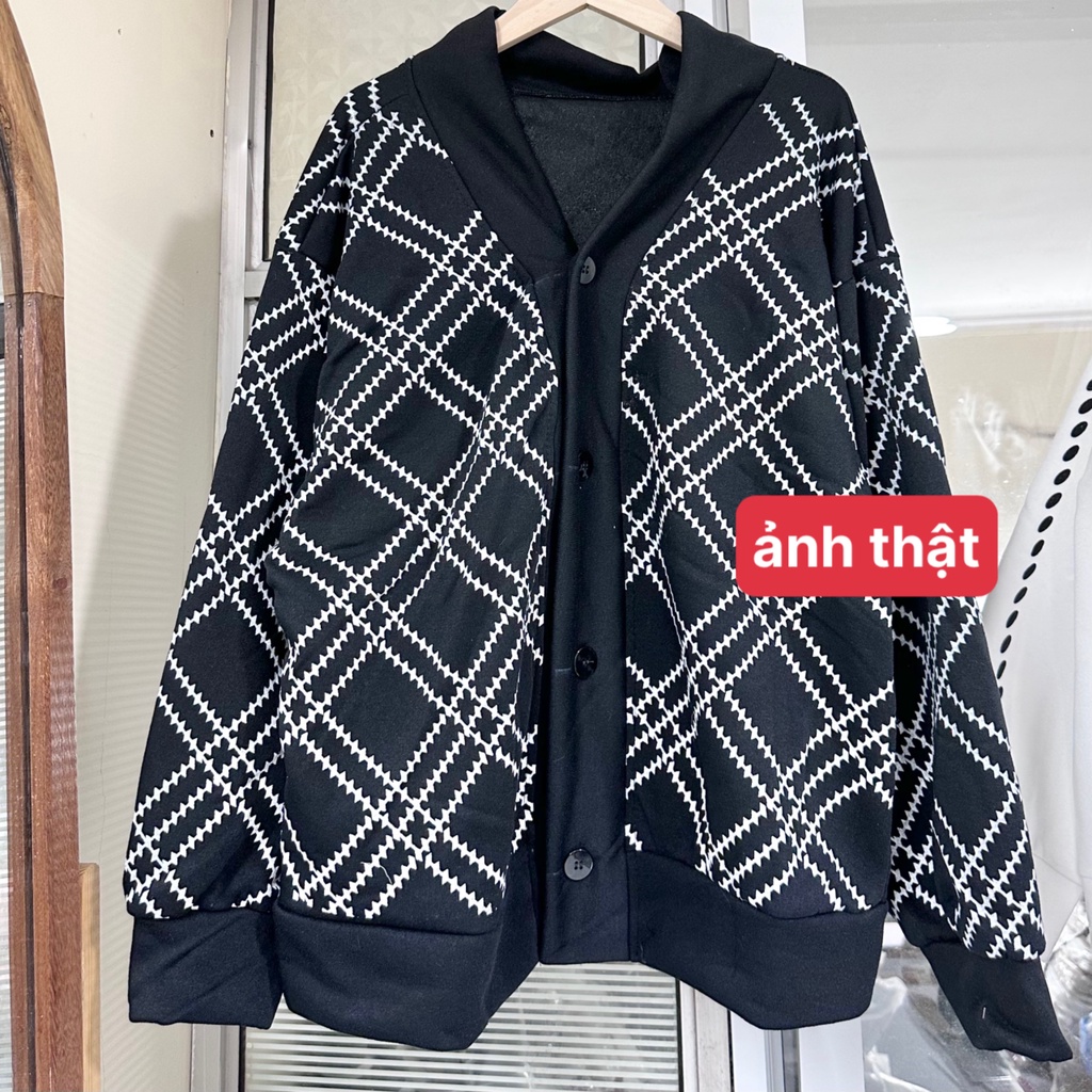 Áo Khoác Cardigan Nỉ Nữ Màu Đen Sọc CHẤM Trắng Form Rộng