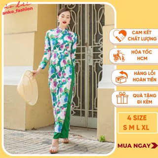 Áo dài truyền thống nữ, áo dài lụa hoa cổ tròn vải dãn mềm đẹp có size dáng chuẩn
