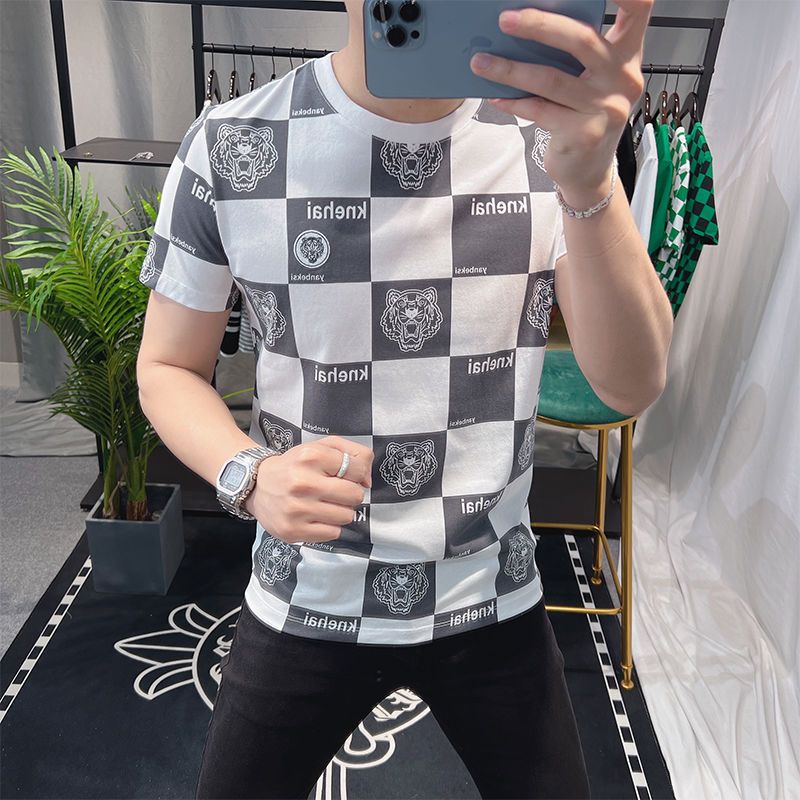 Áo nam Ngắn Tay Cổ Tròn Sọc Caro Thời Trang Hàn Quốc Mới