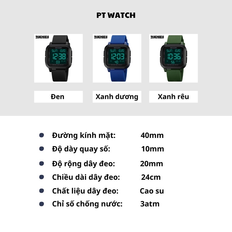 Đông hồ nam điện tử mặt vuông SKMEC chính hãng dây caosu chống nước 3ATM